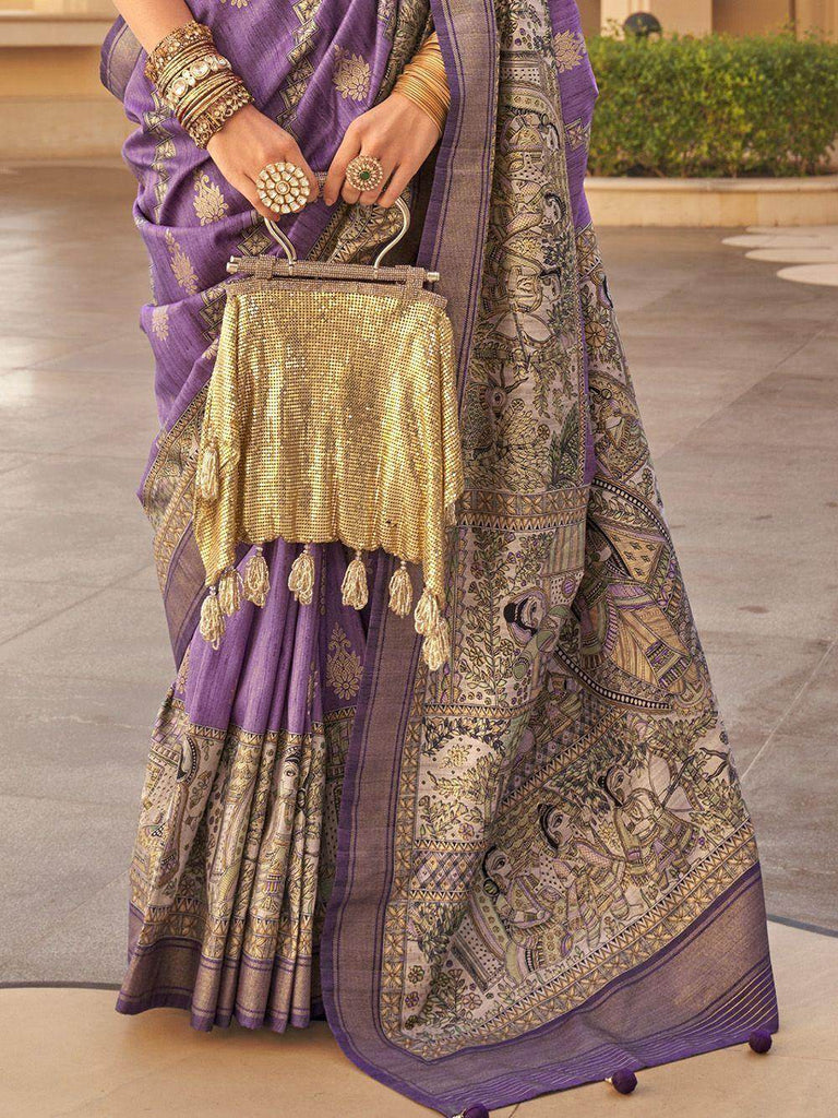 Glamorous Purple Printed Silk Wedding Wear Saree With Blouse