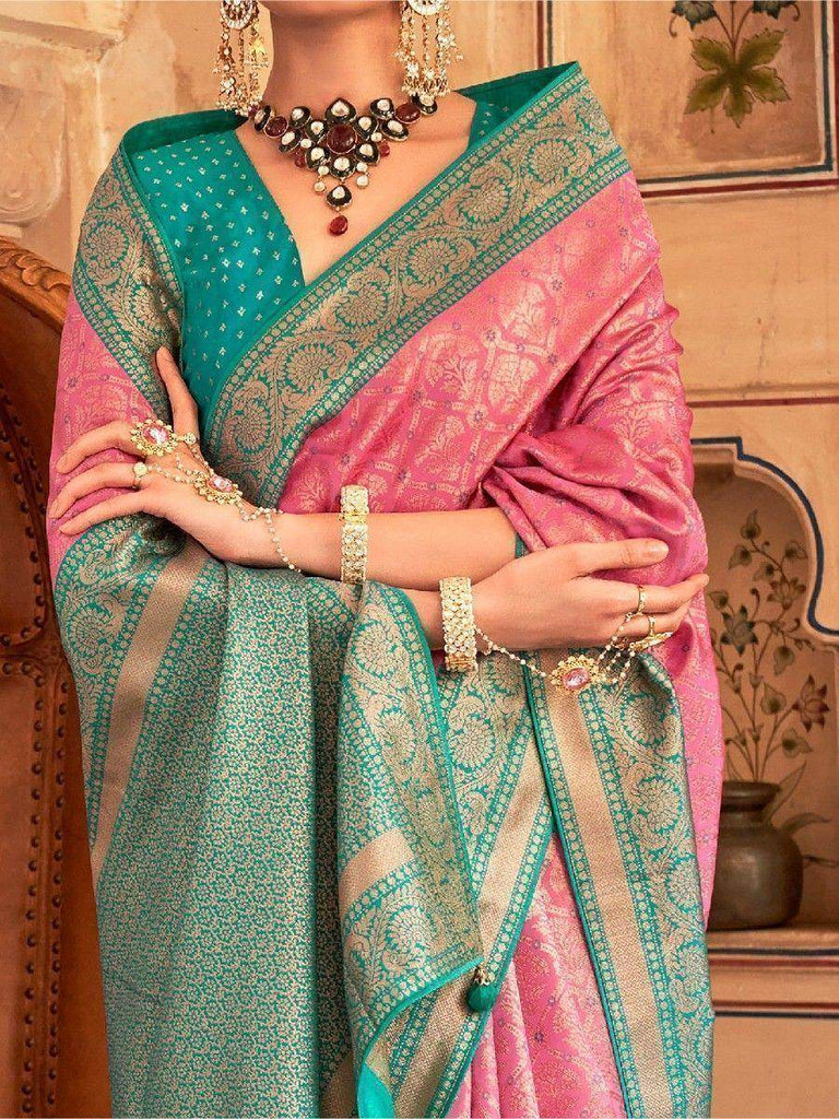 Glamorous Pink Zari Weaving Silk Reception Wear Saree With Blouse