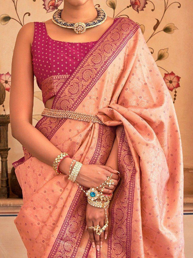 Precious Peach Zari Weaving Silk Festival Wear Saree With Blouse