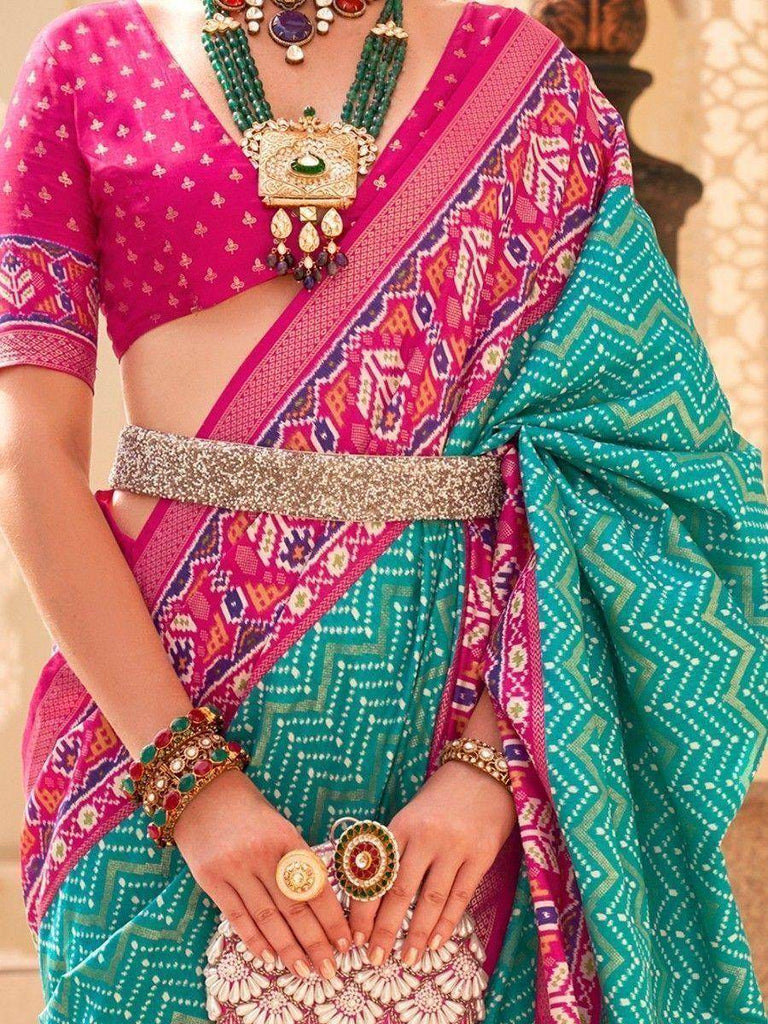 Wonderful Teal Green Digital Printed Silk Wedding Saree With Blouse