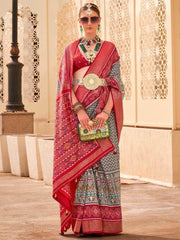Beautiful Grey & Red Digital Printed Silk Traditional Saree With Blouse