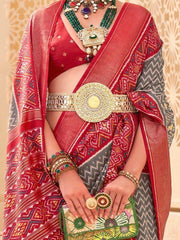 Beautiful Grey & Red Digital Printed Silk Traditional Saree With Blouse
