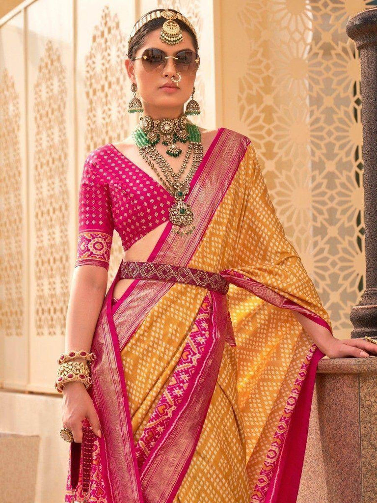 Precious Yellow Digital Printed Silk Haldi Wear Saree With Blouse