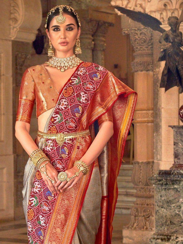 Marvelous Grey Zari Weaving Silk Wedding Wear Saree With Blouse