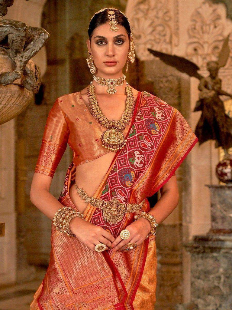 Ravishing Orange Zari Weaving Silk Function Wear Saree With Blouse