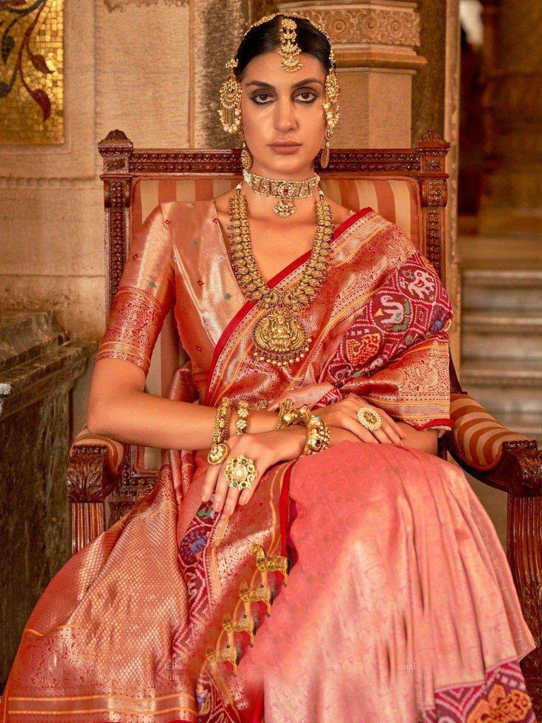 Fabulous Peach Zari Woven Silk Reception Wear Saree With Blouse