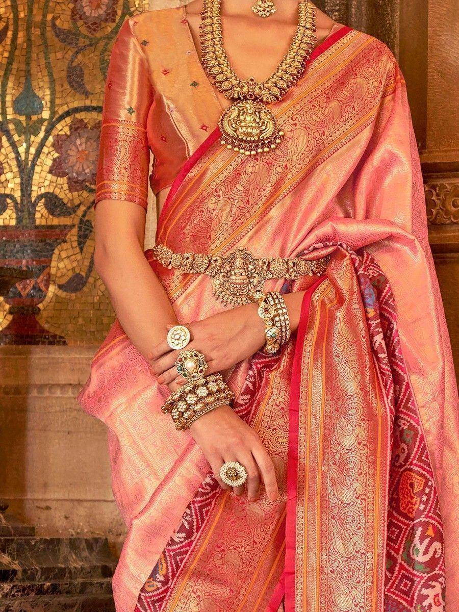 Pink silk saree with gold embroidery, traditional Indian ethnic wear, designer jewelry, festive occasion