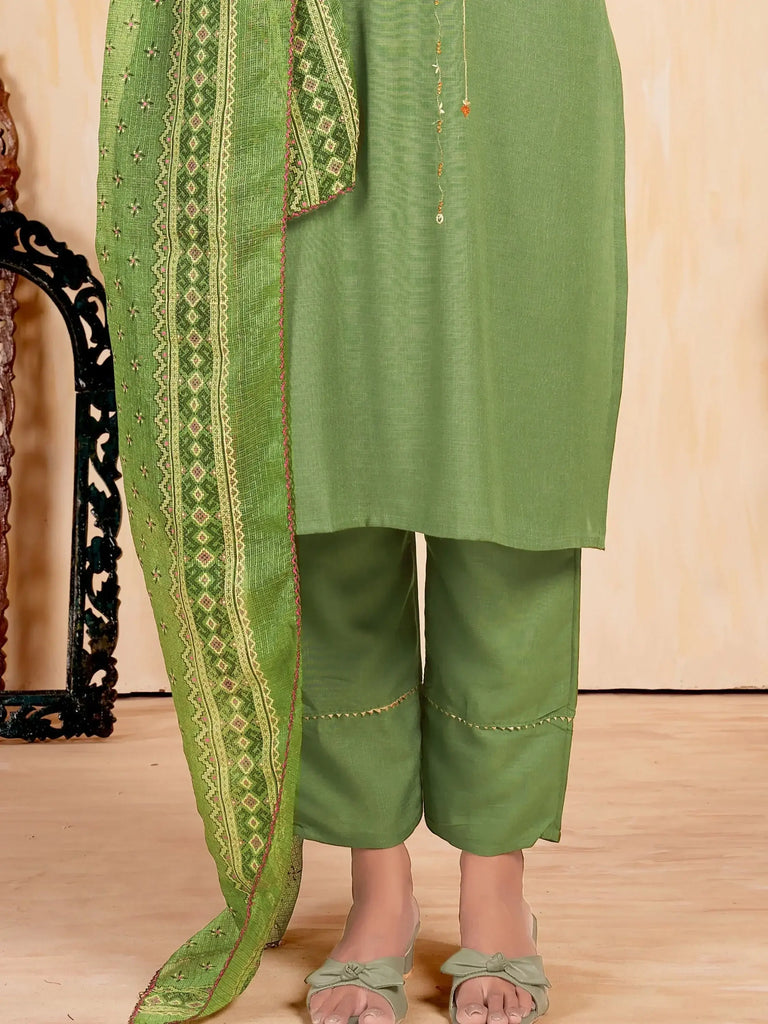 Spectacular Green Embroidered Rayon Festival Wear Pant Suit
