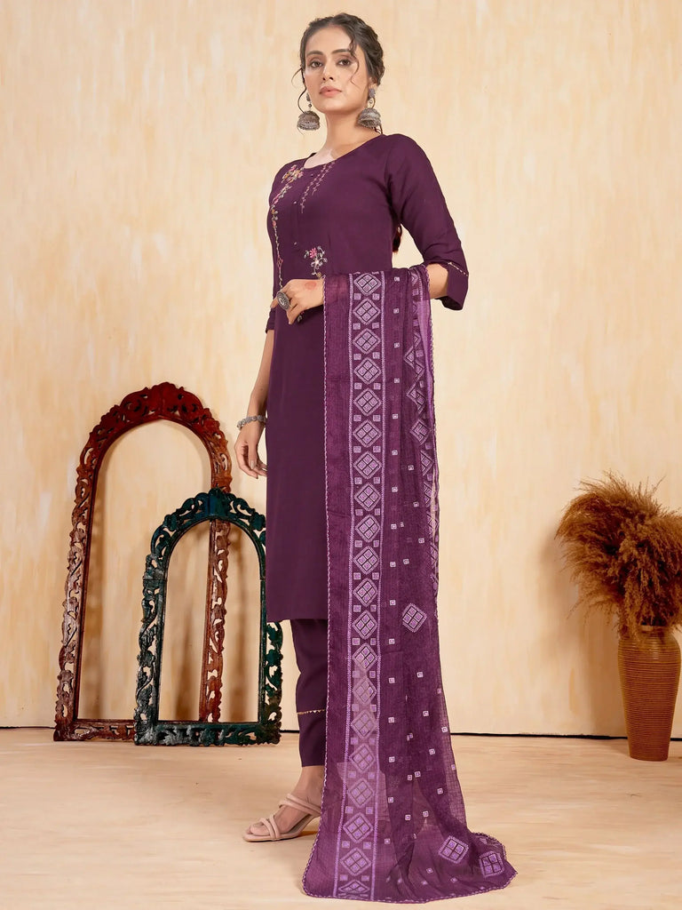 Delightful Wine Embroidered Rayon Traditional Pant Suit With Dupatta