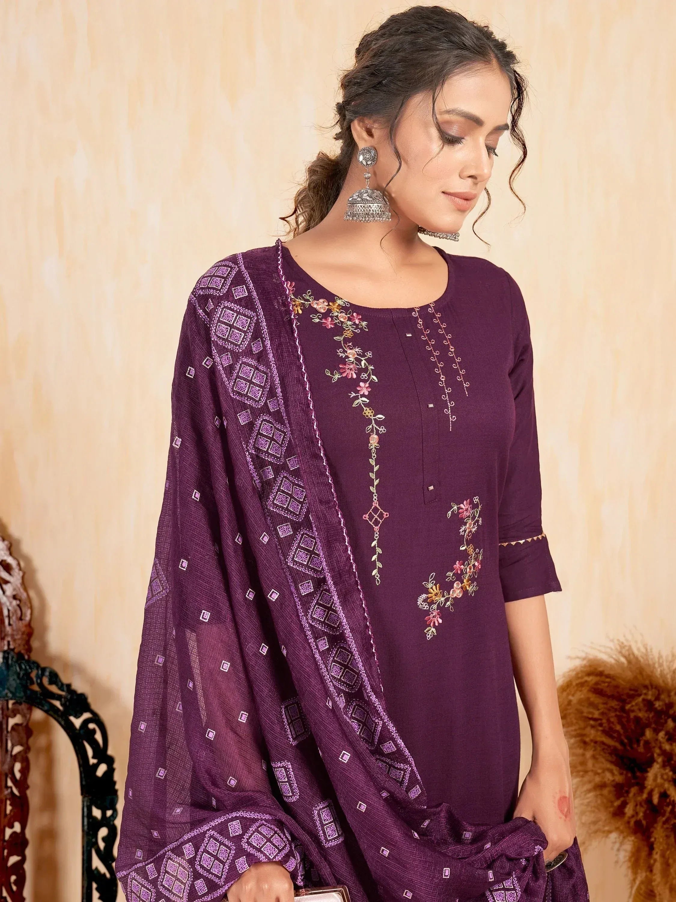 Purple embroidered salwar kameez with floral design and matching dupatta, Indian ethnic wear