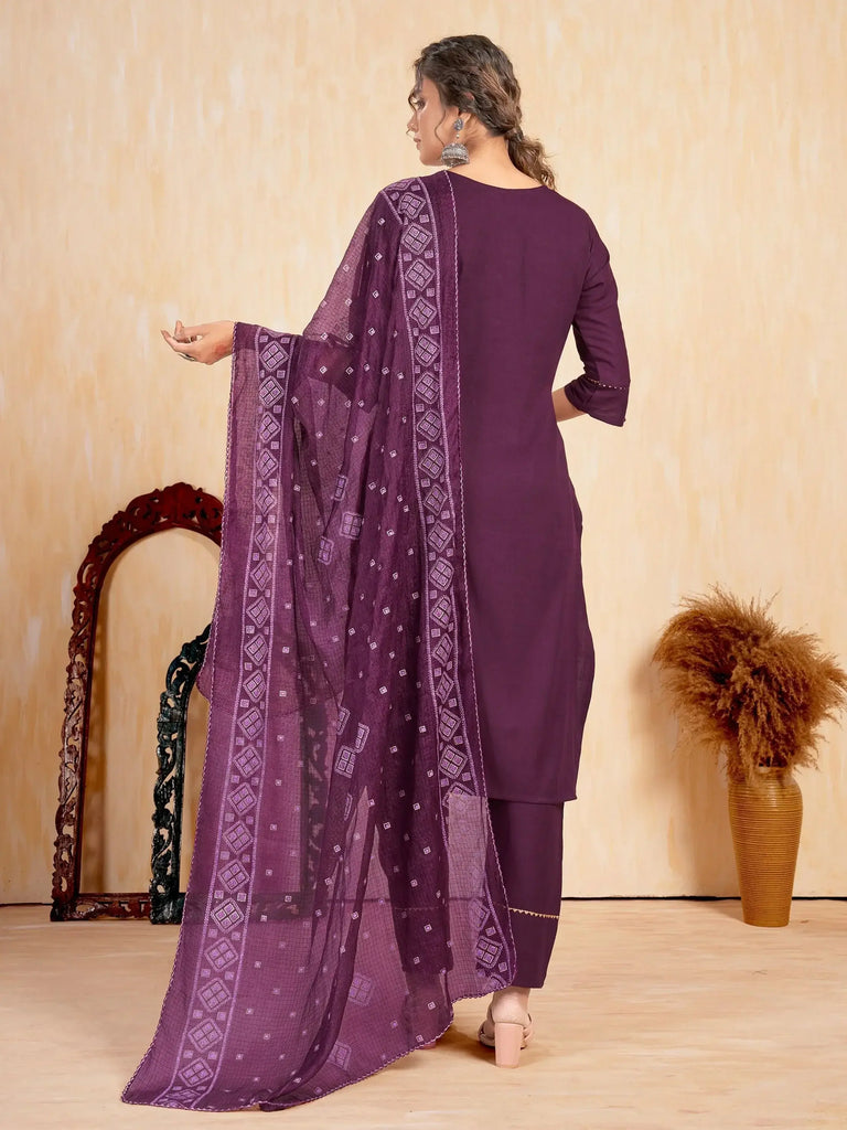 Delightful Wine Embroidered Rayon Traditional Pant Suit With Dupatta