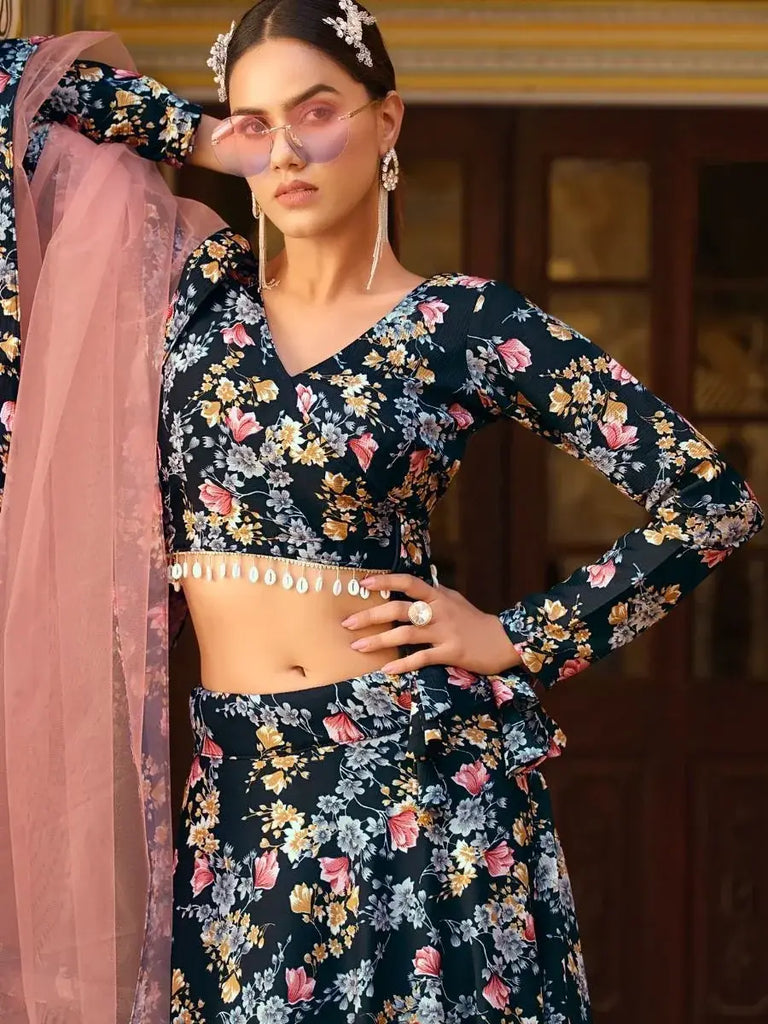 Astonishing Black Floral Printed Silk Function Wear Lehenga Choli