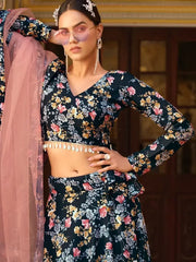 Astonishing Black Floral Printed Silk Function Wear Lehenga Choli