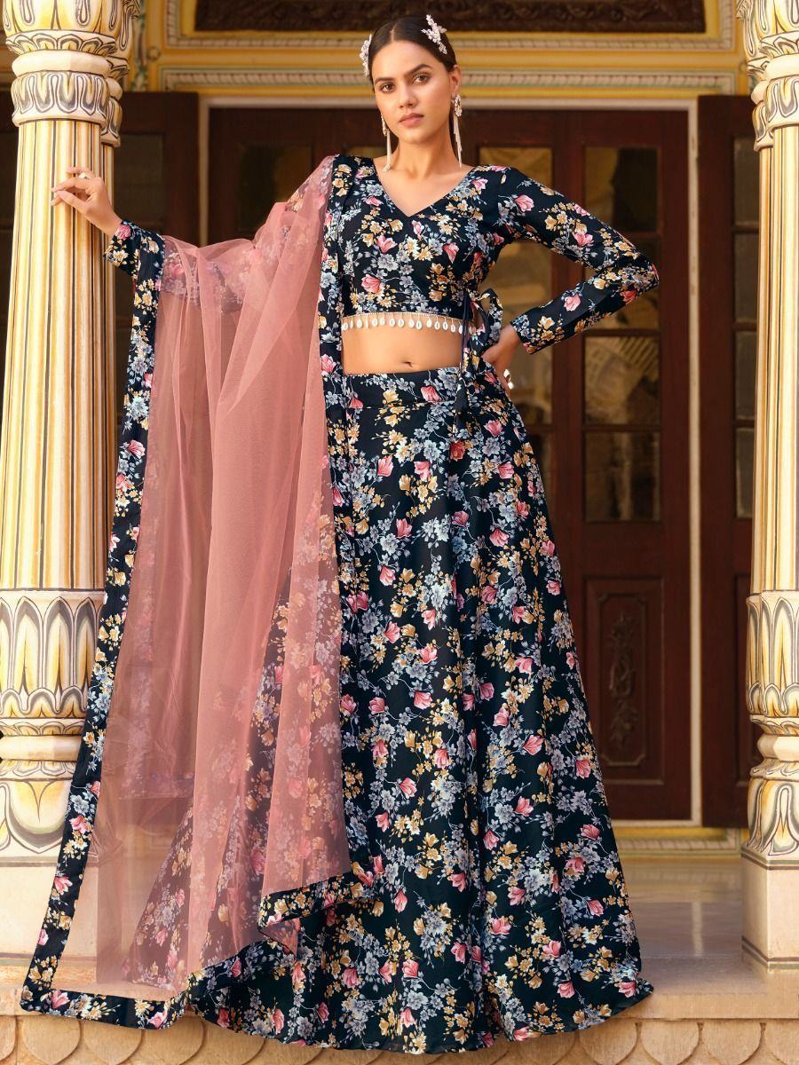 Floral print lehenga choli with pink dupatta, ethnic Indian wear for women