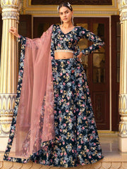 Astonishing Black Floral Printed Silk Function Wear Lehenga Choli
