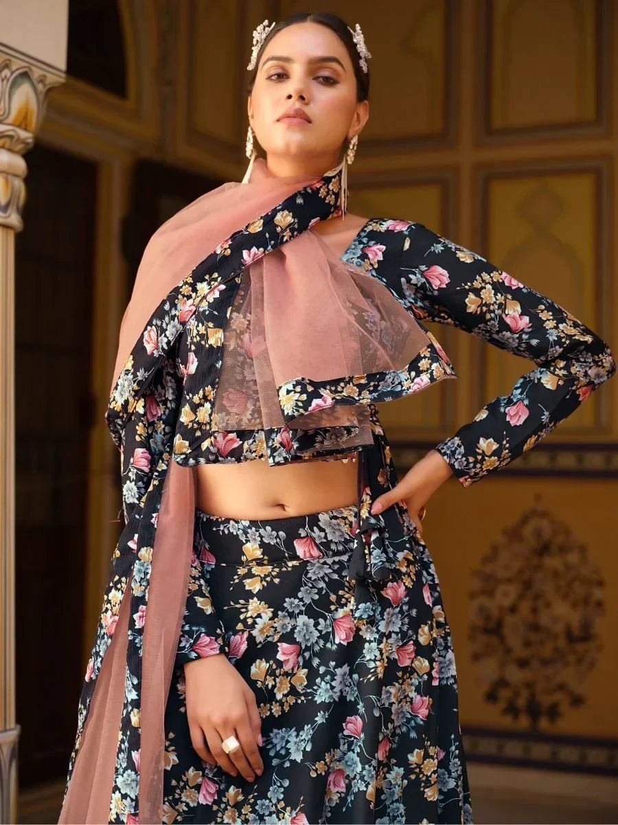 Floral print black lehenga choli with sheer dupatta, Indian ethnic wear for women