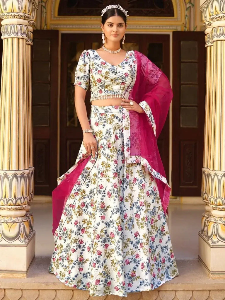 Glamorous White Floral Printed Silk Festival Wear Lehenga Choli