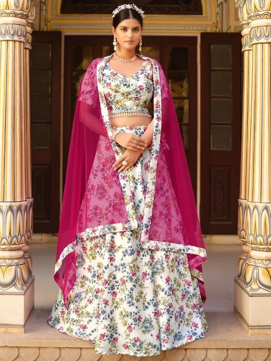 Floral print lehenga choli with pink dupatta, ethnic Indian wear for weddings and festivals