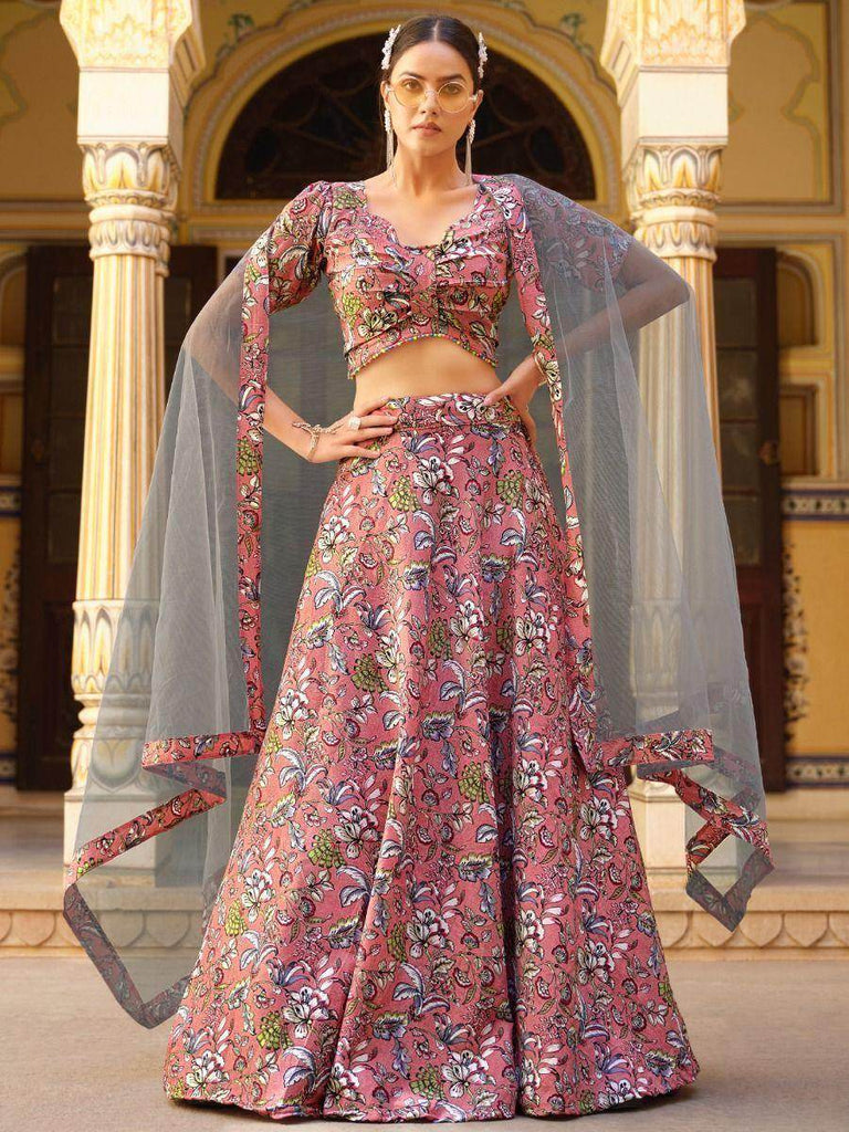 Stunning Dusty Pink Floral Printed Silk Lehenga Choli With Dupatta