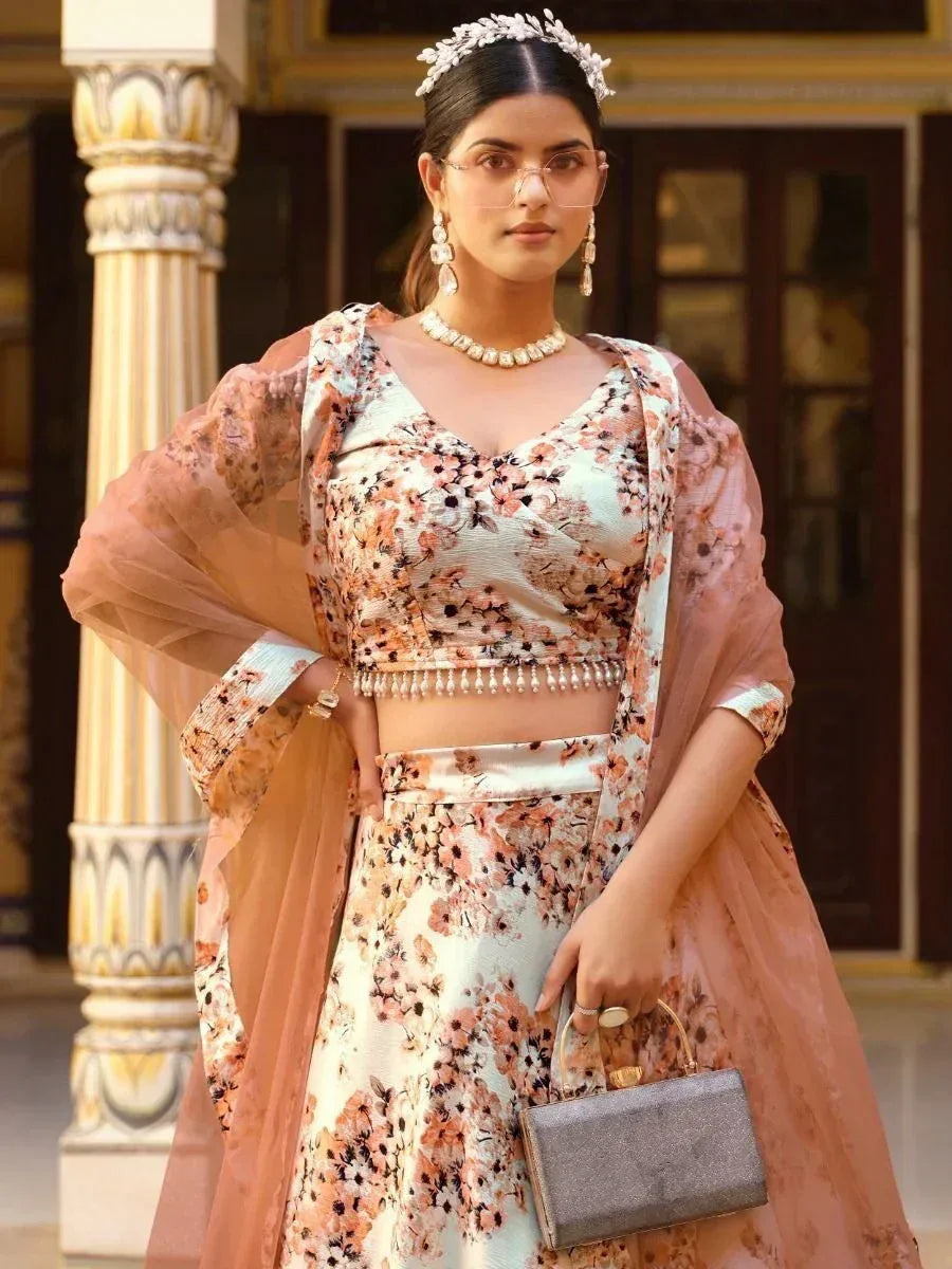 Floral print lehenga choli with sheer dupatta, perfect for Indian ethnic wear occasions