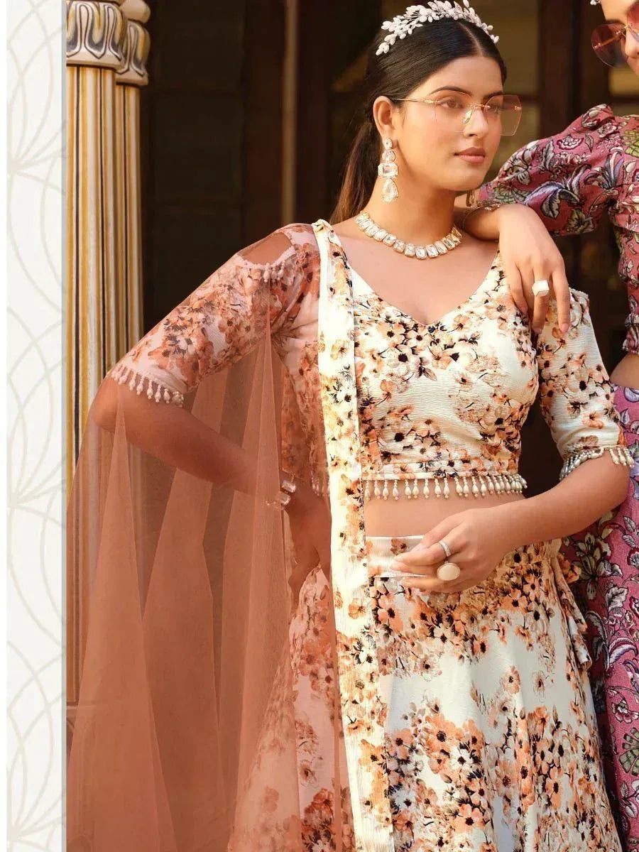 Floral print lehenga choli with pearl embellishments, perfect for Indian ethnic occasions
