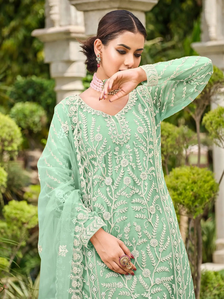 Awesome Mint Green Embroidered Net Palazzo Suit With Dupatta