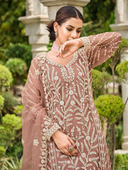 Astonishing Brown Embroidered Net Festival Wear Palazzo Suit