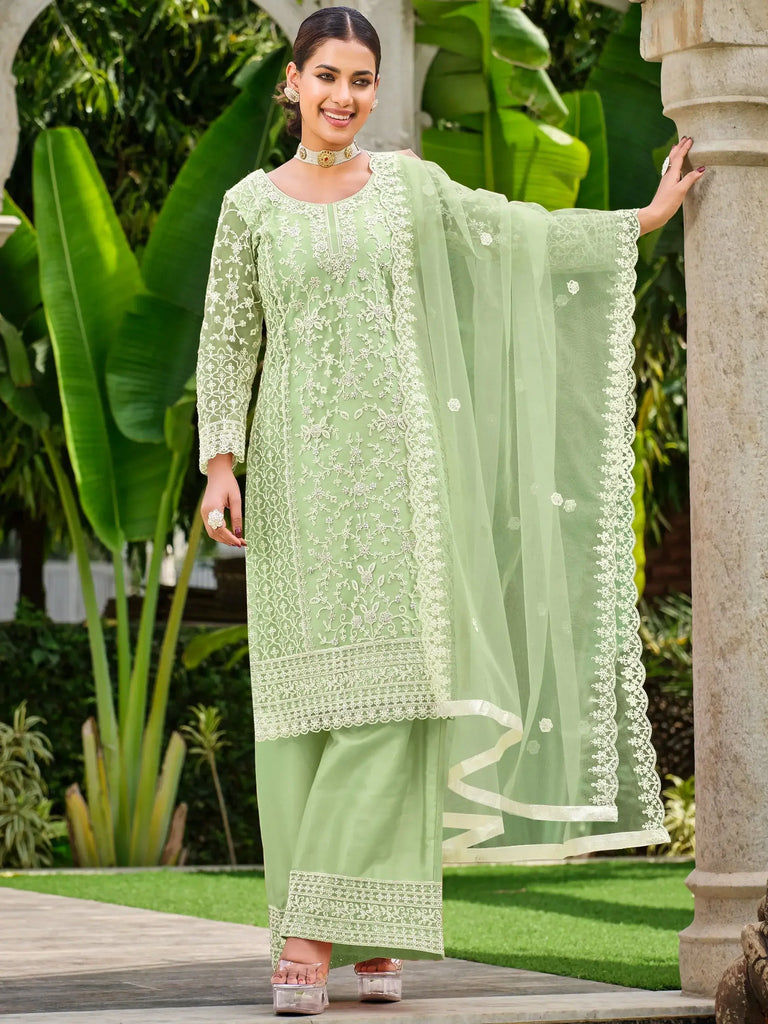 Captivating Pista Green Embroidered Net Palazzo Suit With Dupatta