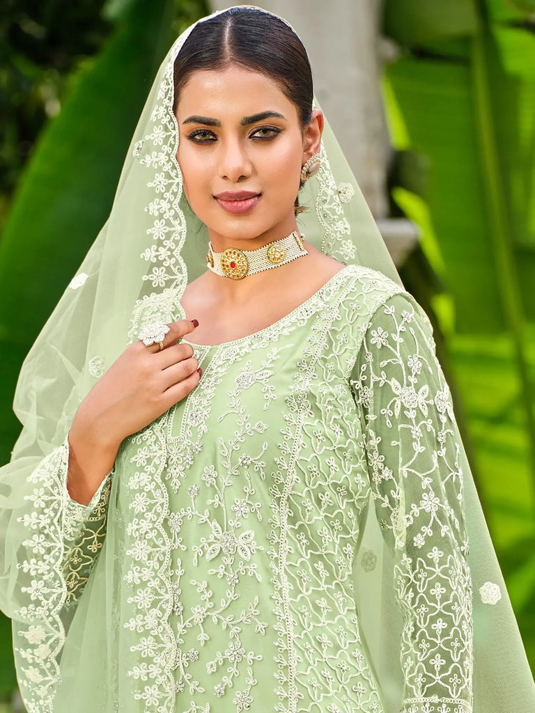 Captivating Pista Green Embroidered Net Palazzo Suit With Dupatta