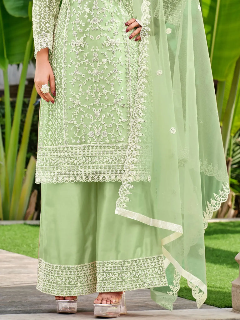 Captivating Pista Green Embroidered Net Palazzo Suit With Dupatta
