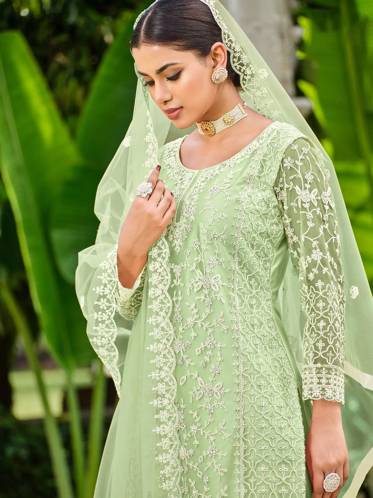 Captivating Pista Green Embroidered Net Palazzo Suit With Dupatta