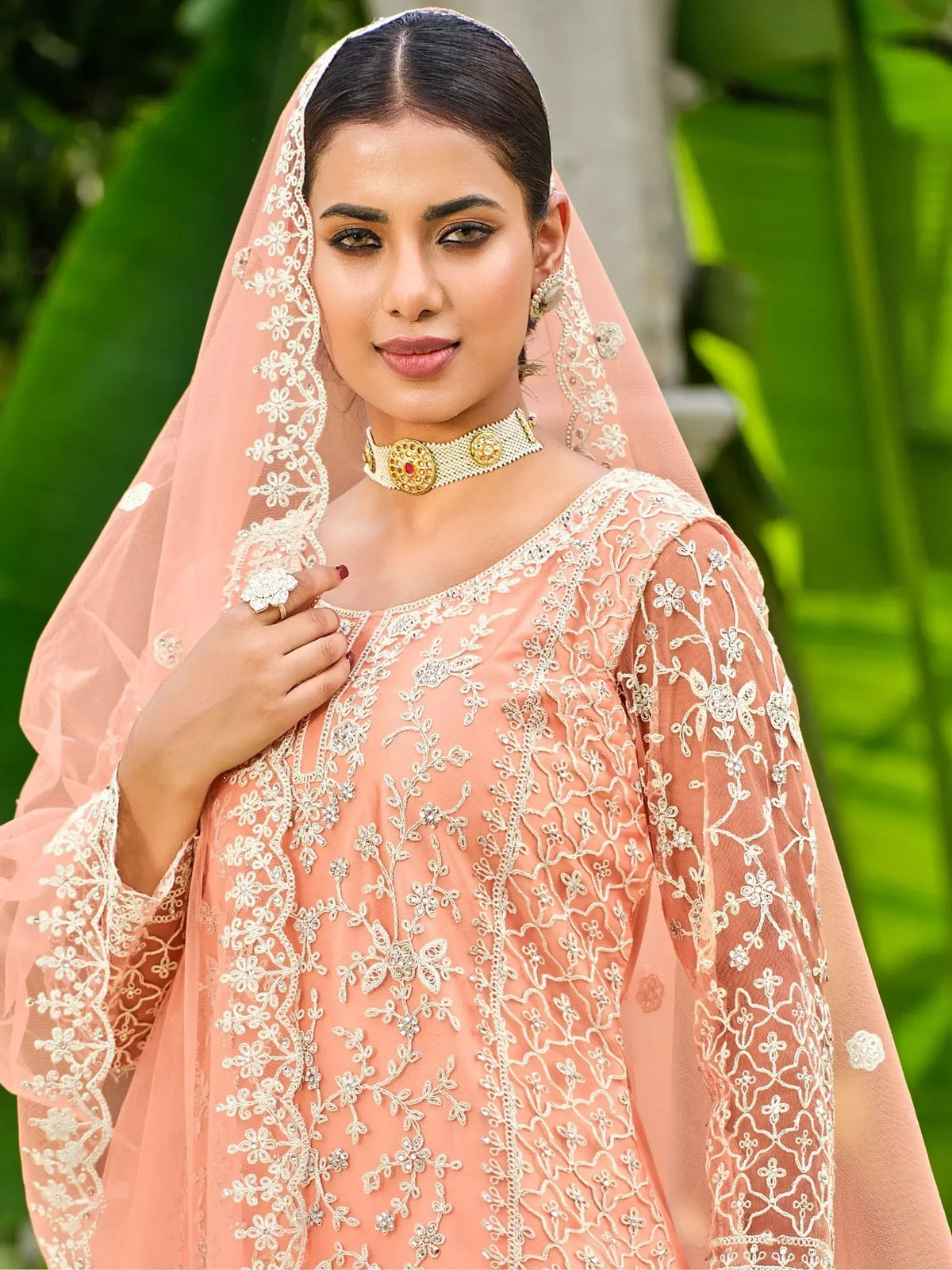 Peach embroidered salwar kameez with lace dupatta, perfect for Indian ethnic wear occasions