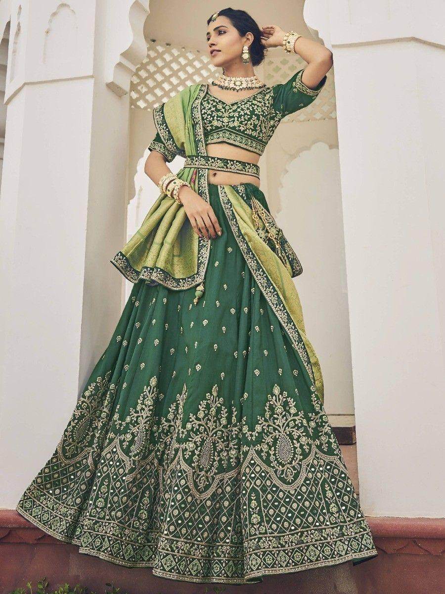 Fascinating Green Embroidered Silk Traditional Lehenga Choli