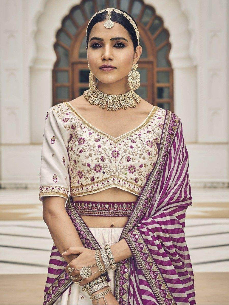 Mesmerizing Off-White Mirror Work Silk Sangeet Wear Lehenga Choli