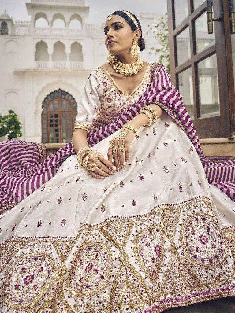 Mesmerizing Off-White Mirror Work Silk Sangeet Wear Lehenga Choli