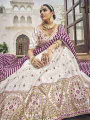 Mesmerizing Off-White Mirror Work Silk Sangeet Wear Lehenga Choli