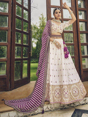 Mesmerizing Off-White Mirror Work Silk Sangeet Wear Lehenga Choli