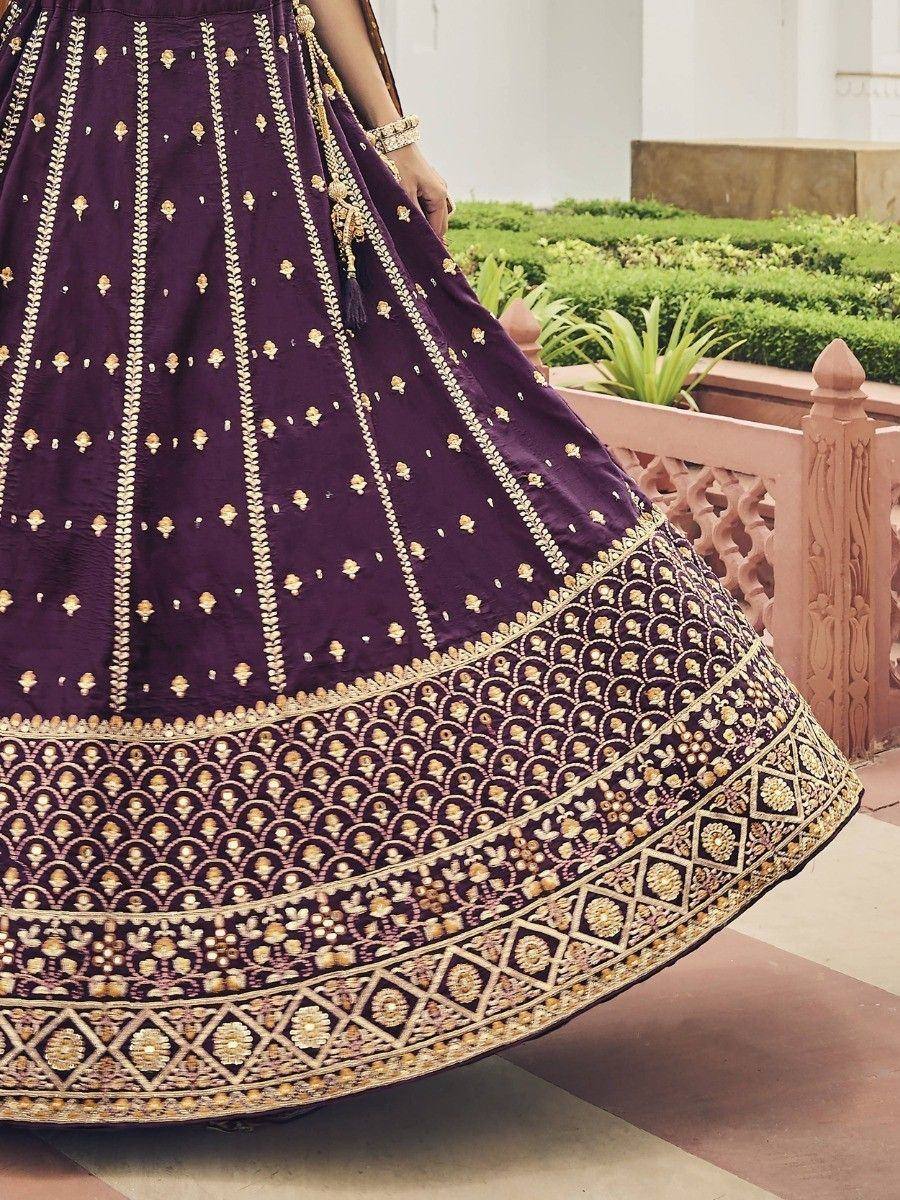 Purple designer lehenga with gold embroidery, perfect for Indian ethnic wear occasions