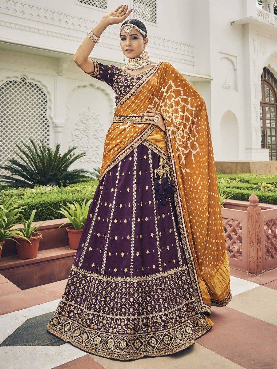 Purple and gold embroidered lehenga choli with dupatta, Indian ethnic wear for weddings