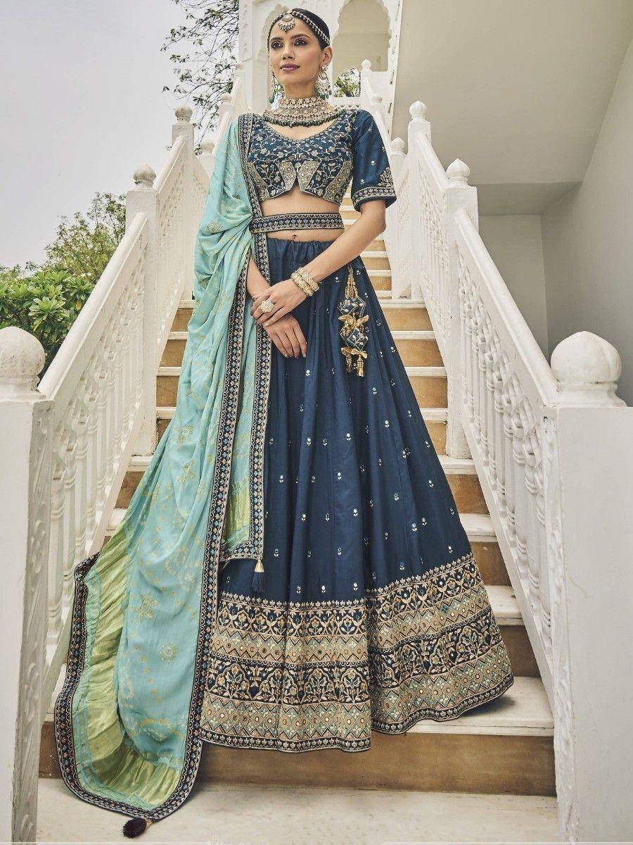 Blue embroidered lehenga choli with mint dupatta, Indian ethnic wear for weddings