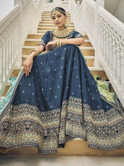 Stunning Blue Mirror Work Silk Wedding Lehenga Choli With Dupatta