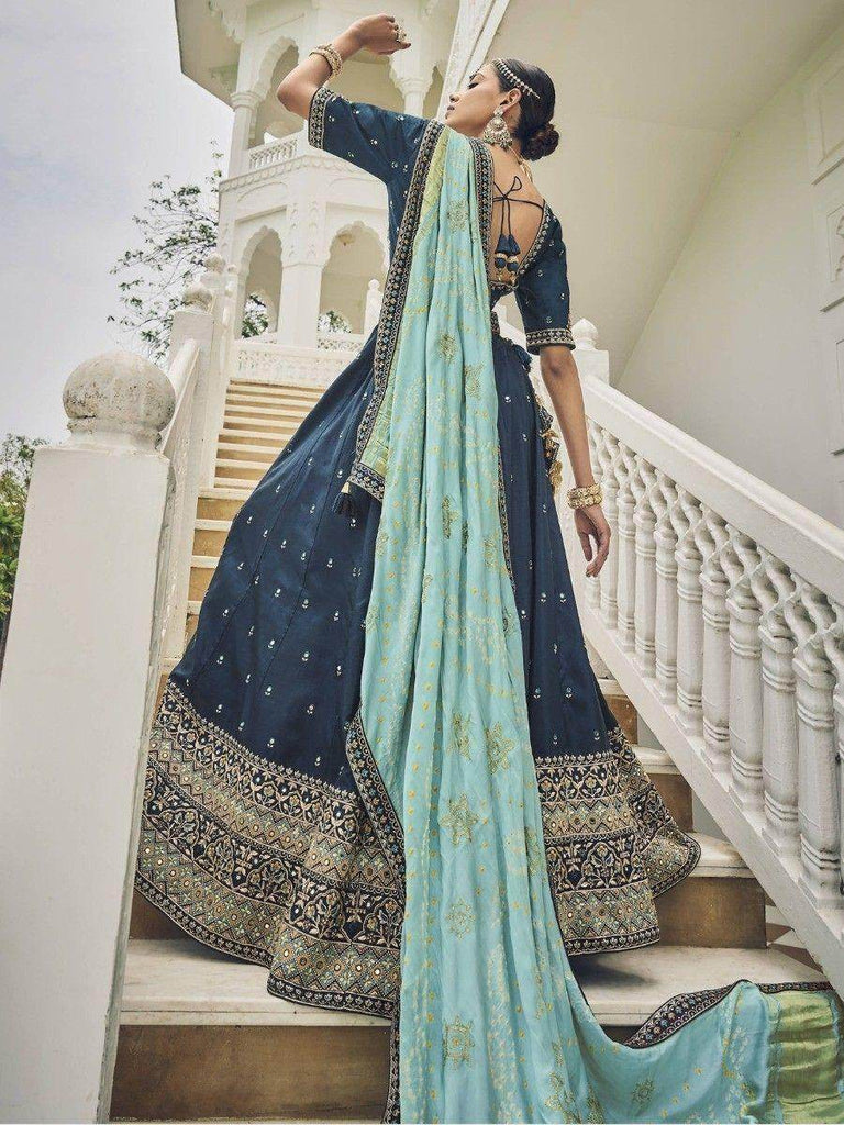 Stunning Blue Mirror Work Silk Wedding Lehenga Choli With Dupatta
