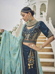 Stunning Blue Mirror Work Silk Wedding Lehenga Choli With Dupatta