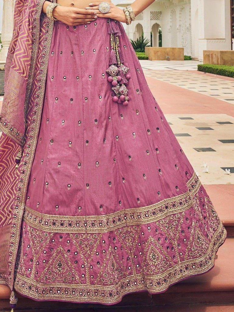 Glamorous Dusty Pink Mirror Work Silk Reception Wear Lehenga Choli