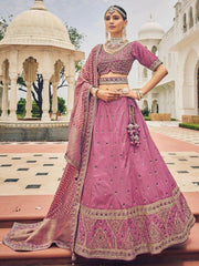 Glamorous Dusty Pink Mirror Work Silk Reception Wear Lehenga Choli