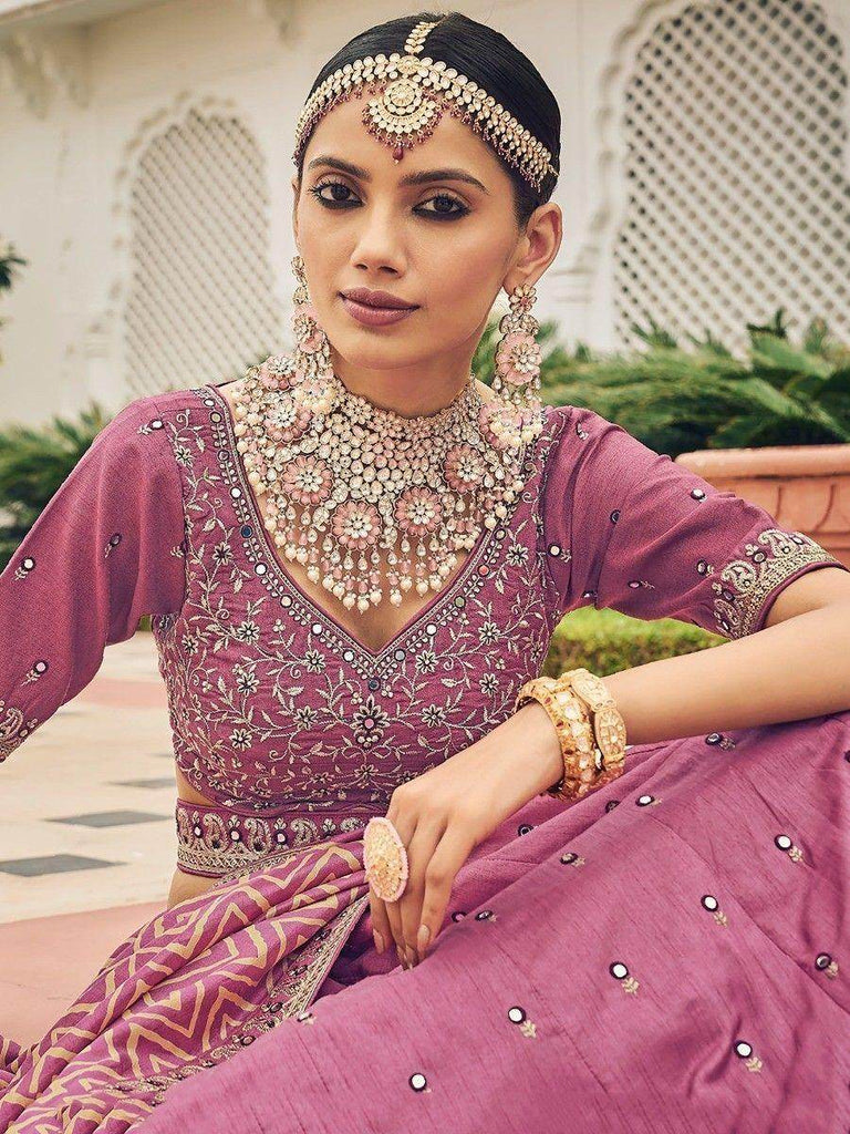 Glamorous Dusty Pink Mirror Work Silk Reception Wear Lehenga Choli