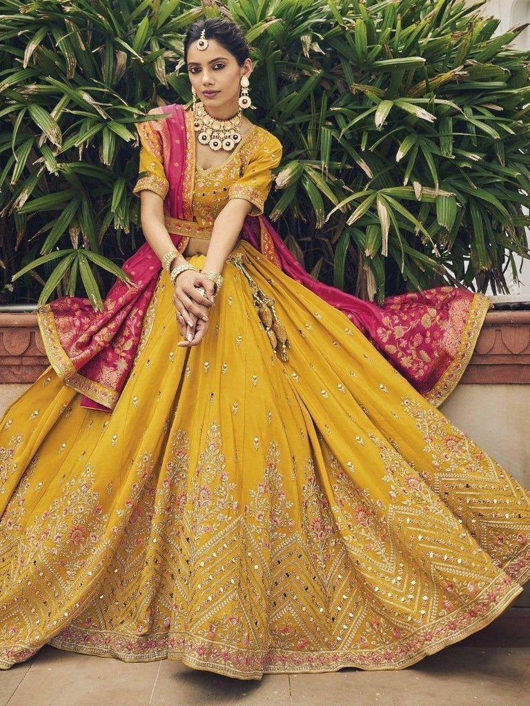 Alluring Yellow Embroidered Silk Haldi Wear Lehenga Choli With Dupatta