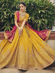 Alluring Yellow Embroidered Silk Haldi Wear Lehenga Choli With Dupatta