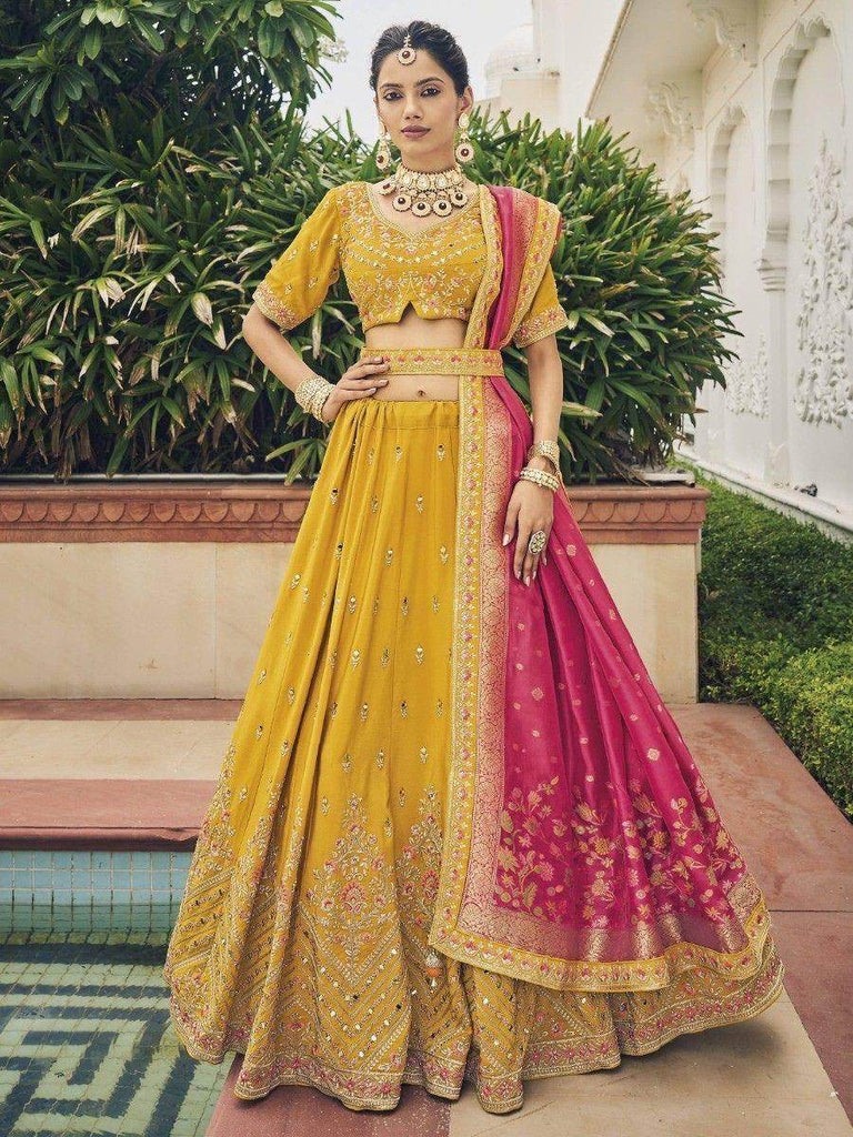 Alluring Yellow Embroidered Silk Haldi Wear Lehenga Choli With Dupatta
