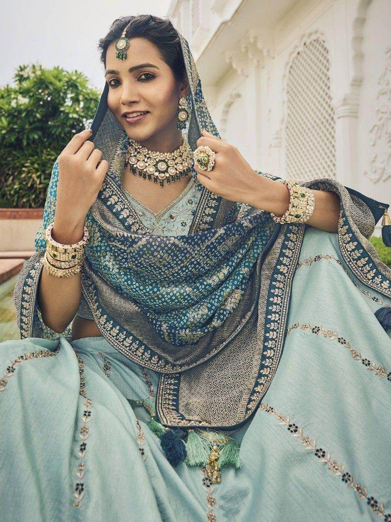 Captivating Sky Blue Embroidered Silk Designer Lehenga Choli